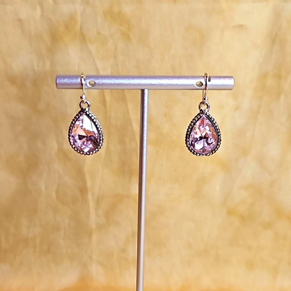 Y2K Silver Plated Pink Crystal Gemstone Teardrop Earrings - Picture 4 of 4